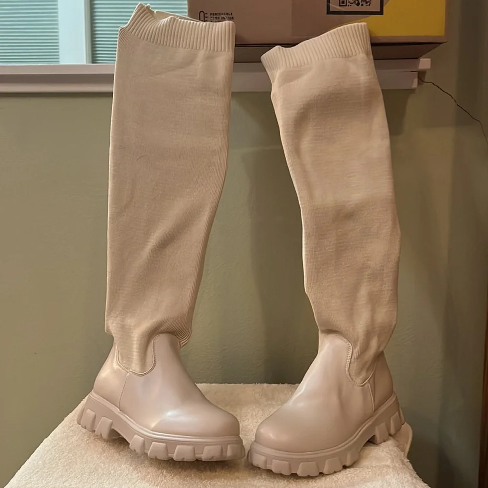 Taupe Over The Knee Knitted High Boots With Lug Sole Size 8